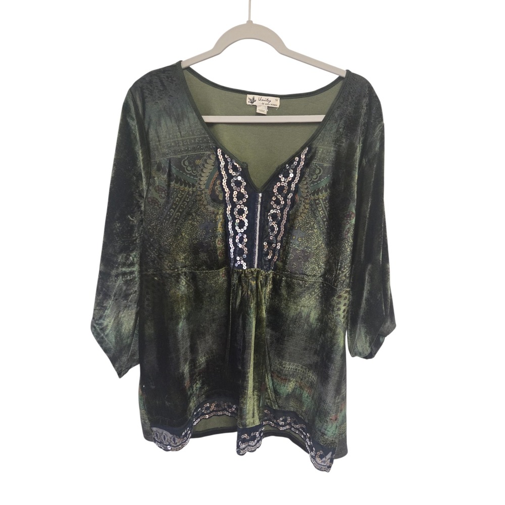 Unity‎ 1X Green Velvet Burnout Boho Tunic Top Sequin Paisley Empire Waist Plus